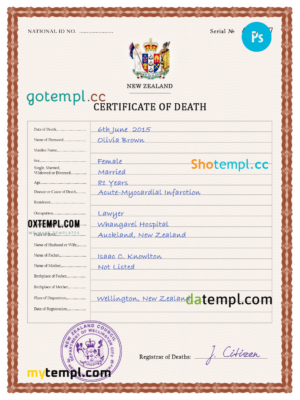 New Zealand vital record death certificate PSD template