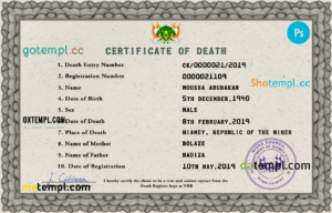 Niger death certificate PSD template, completely editable