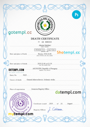 Montenegro vital record death certificate PSD template, fully editable