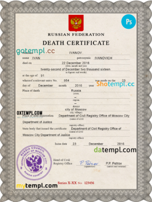 Russia vital record death certificate PSD template, completely editable
