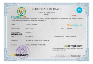 Rwanda vital record death certificate PSD template, fully editable