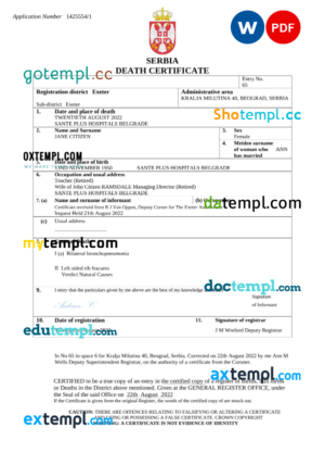 Portugal death certificate Word and PDF template, completely editable