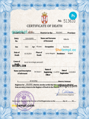 Serbia death certificate PSD template, completely editable