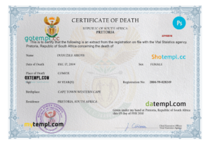 South Africa death certificate PSD template, completely editable