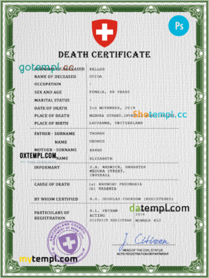 Norway vital record death certificate Word and PDF template
