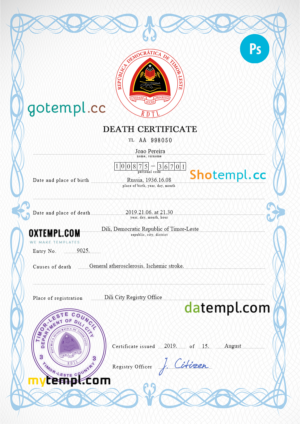 Thailand death certificate PSD template, completely editable