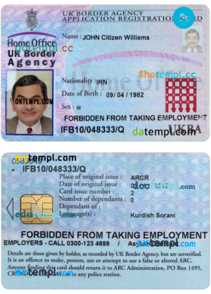 UNITED KINGDOM border agency application registration card PSD template