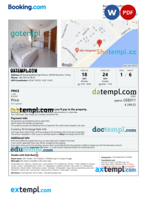 Turkey hotel booking confirmation Word and PDF template, 2 pages