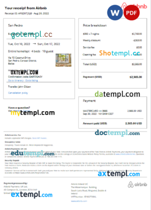 Belize Airbnb booking confirmation Word and PDF template