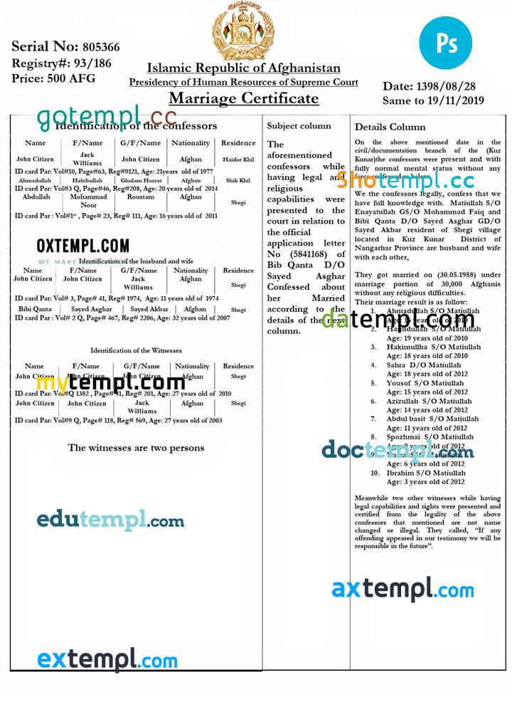 Afghanistan marriage certificate PSD template, with fonts Afghanistan marriage certificate PSD template, with fonts