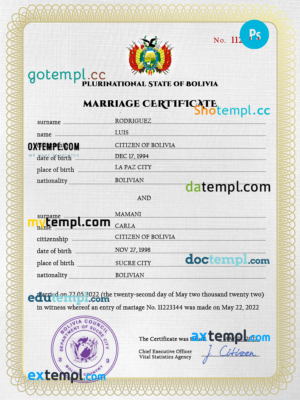 Bolivia marriage certificate PSD template, fully editable