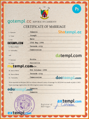 Cameroon marriage certificate PSD template, completely editable