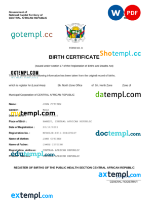 Central African Republic vital record birth certificate Word and PDF template, completely editable