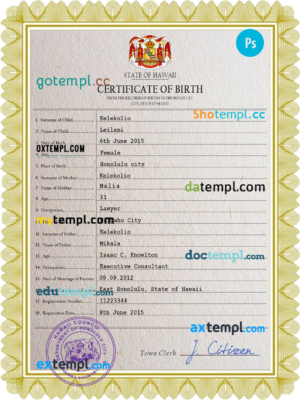Hawaii birth certificate PSD template, completely editable