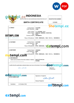 Indonesia vital record birth certificate PSD template