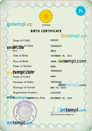 Jordan birth certificate Word and PDF template, completely editable