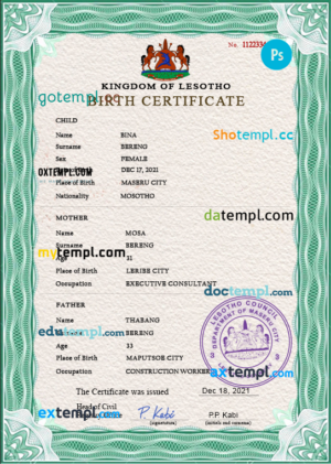 Lesotho vital record birth certificate PSD template