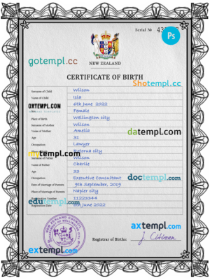 New Zealand birth certificate PSD template, fully editable