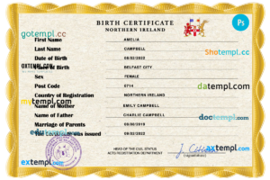 Northern Ireland vital record birth certificate PSD template