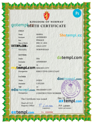 Norway birth certificate Word and PSD template, completely editable