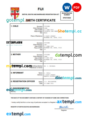 Fiji birth certificate Word and PDF template, completely editable