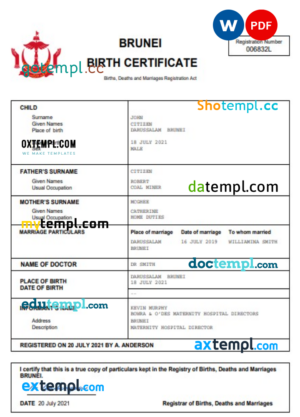 Brunei vital record birth certificate Word and PDF template