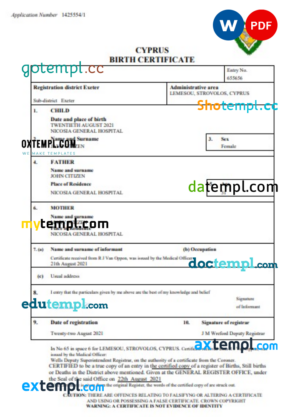 Cyprus birth certificate Word and PDF template, completely editable