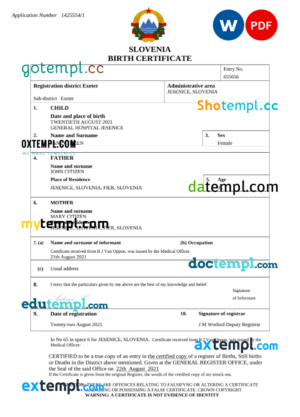 Slovenia birth certificate Word and PDF template, completely editable