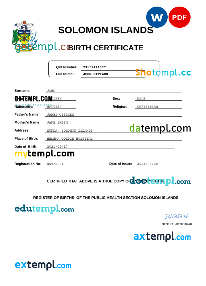 Solomon Islands vital record birth certificate Word and PDF template, completely editable Solomon Islands vital record birth certificate Word and PDF template, completely editable