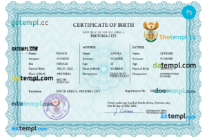 South Africa birth certificate PSD template, completely editable