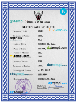 Congo (Republic of the) vital record birth certificate PSD template, completely editable