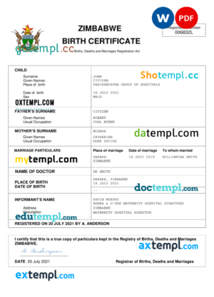 Zimbabwe vital record birth certificate Word and PDF template, completely editable