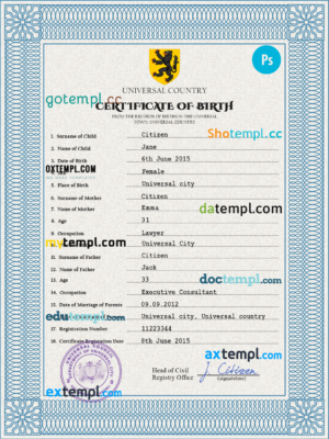 # alpha awards universal birth certificate PSD template, completely editable