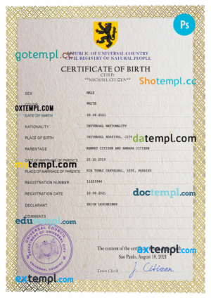# birthbia universal birth certificate PSD template, fully editable