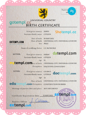 # busk universal birth certificate PSD template, fully editable