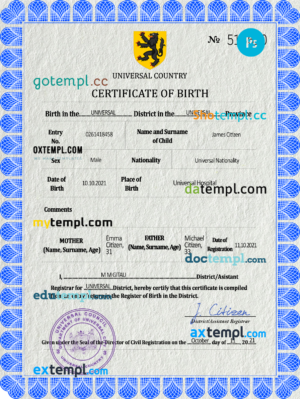 # flow universal birth certificate PSD template, fully editable