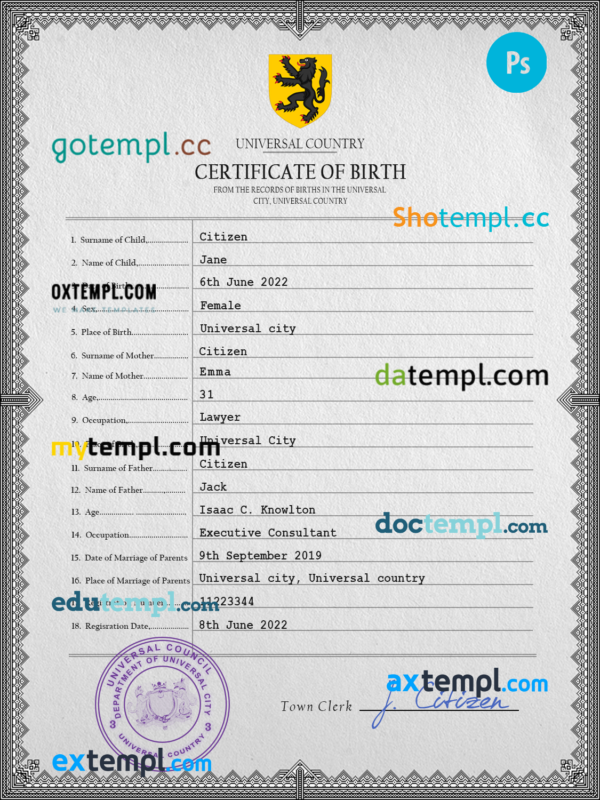 # horizon universal birth certificate PSD template, fully editable