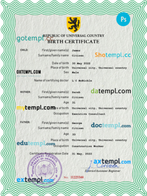 # plug universal birth certificate PSD template, completely editable