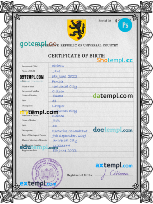 # trident universal birth certificate PSD template, fully editable