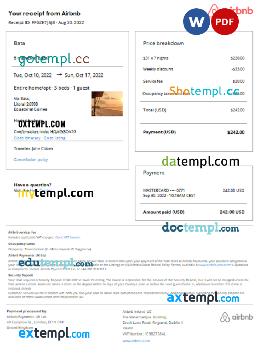 Equatorial Guinea booking Airbnb confirmation Word and PDF template Equatorial Guinea booking Airbnb confirmation Word and PDF template