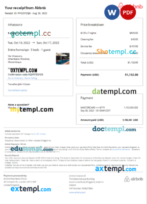 Mozambique Airbnb booking confirmation Word and PDF template