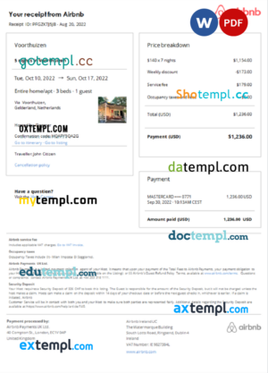 Netherlands Airbnb booking confirmation Word and PDF template