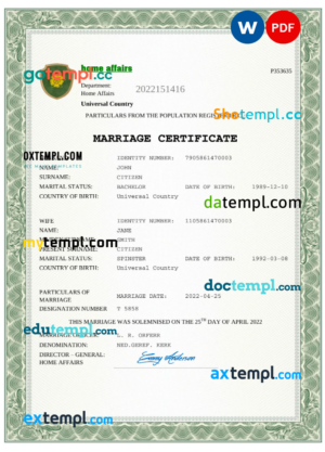 # amore universal marriage certificate Word and PDF template, completely editable