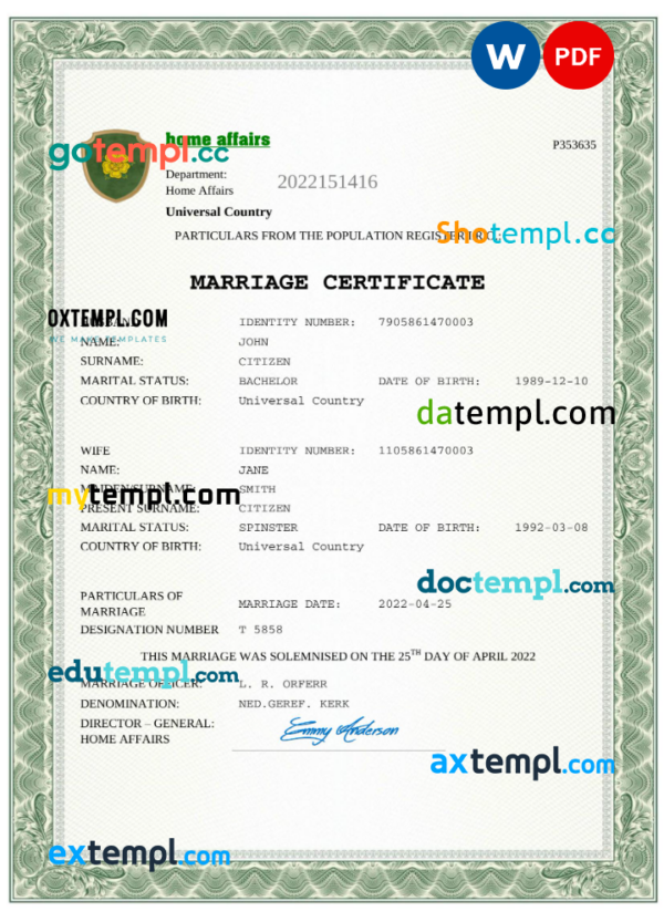 # amore universal marriage certificate Word and PDF template, completely editable