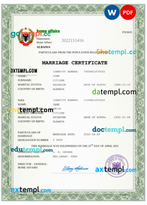 Albania marriage certificate Word and PDF template, fully editable