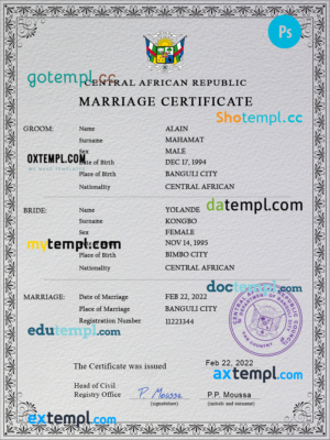 Central African Republic marriage certificate PSD template, completely editable