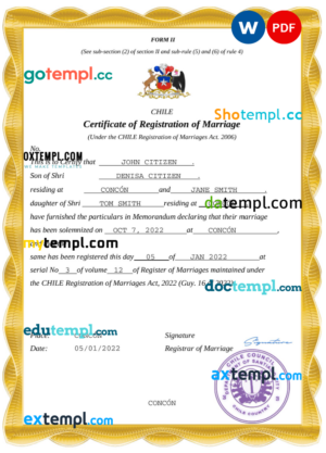 Chile marriage certificate Word and PDF template, fully editable (Copy)