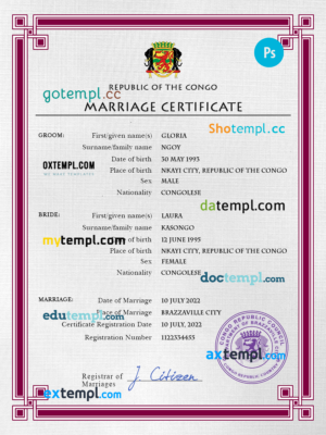 Congo Republic of the marriage certificate PSD template, completely editable