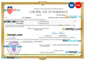 Croatia marriage certificate Word and PDF template, completely editable