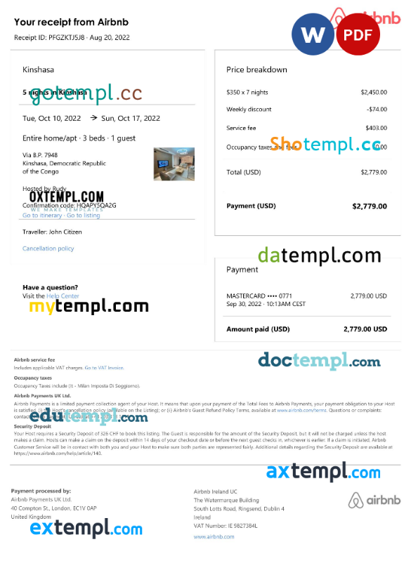 Democratic Republic of the Congo Airbnb booking confirmation Word and PDF template Democratic Republic of the Congo Airbnb booking confirmation Word and PDF template